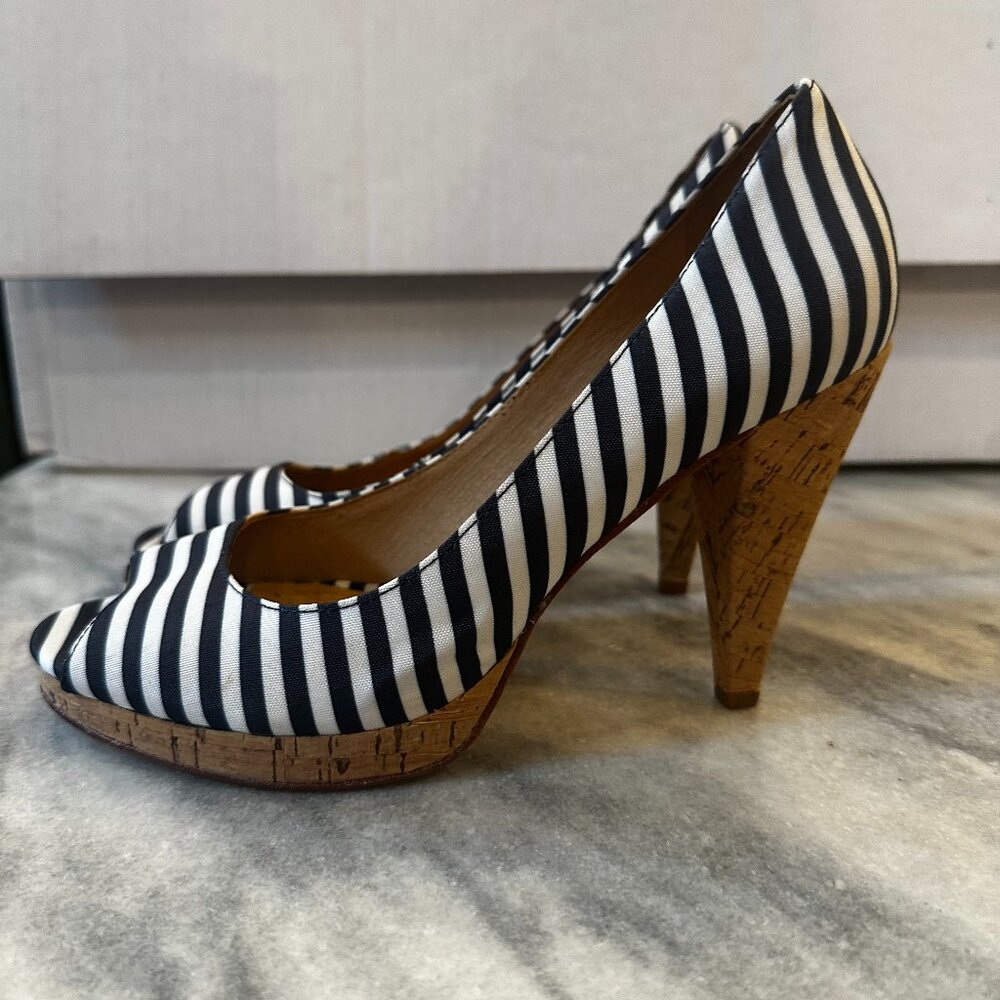 Michael Kors Dubois Black and White Striped Peep Toe Heels Cork 8 4th of July